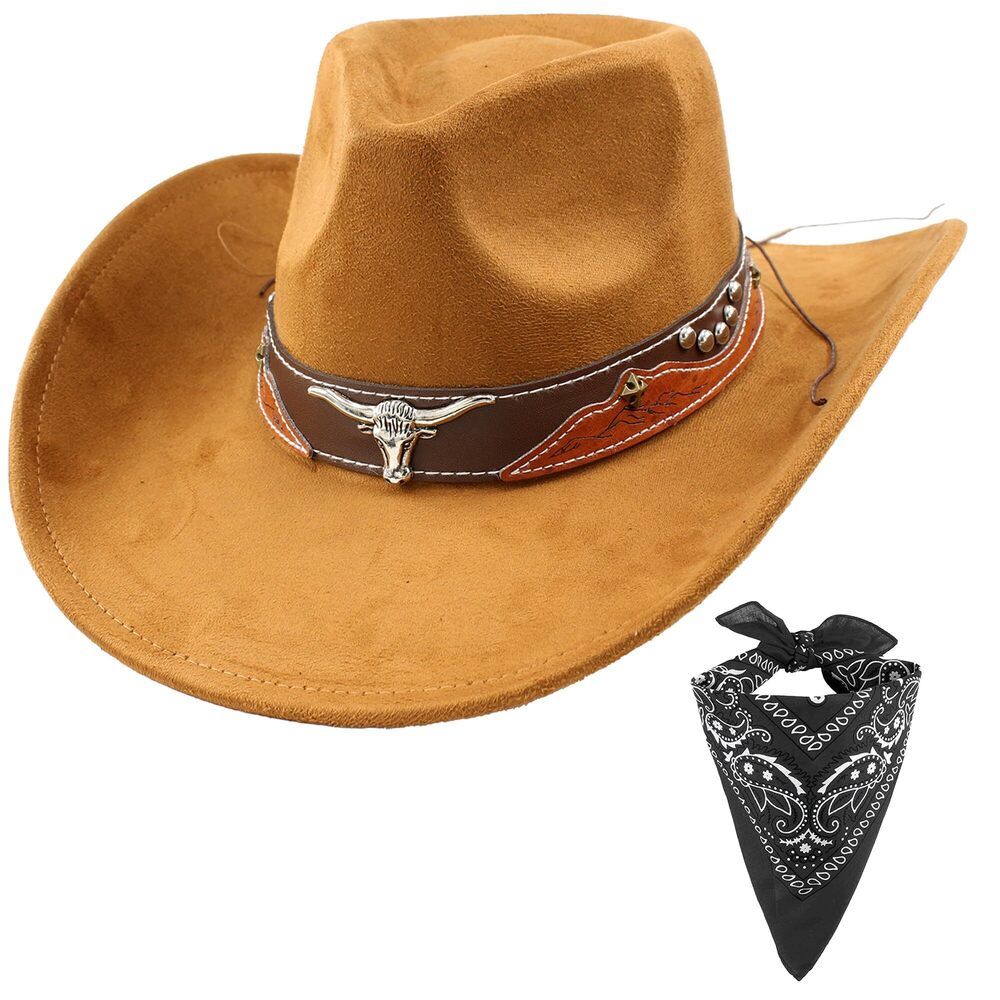 1545 Cowboy Hat For Women Men With Wide Brim Western Set With Black Bandana